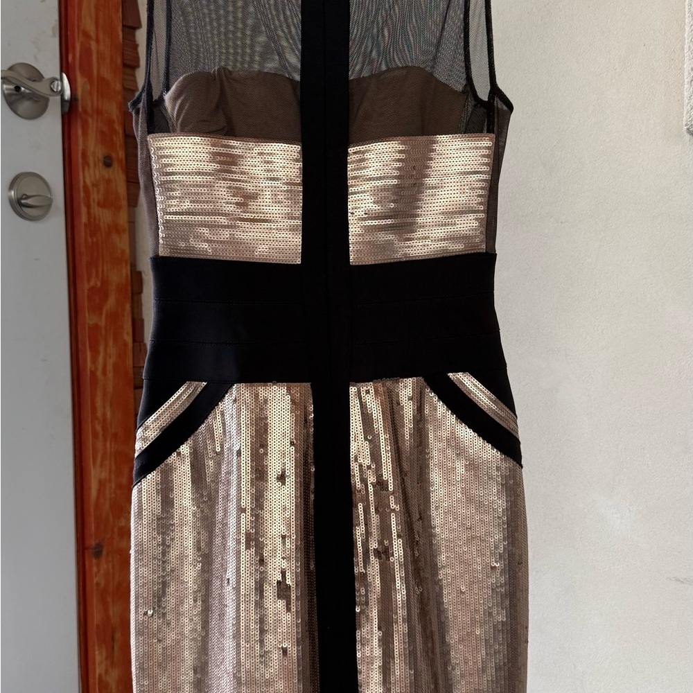 BCBGMaxAzria Strapless Sequin Dress in Gold and Black